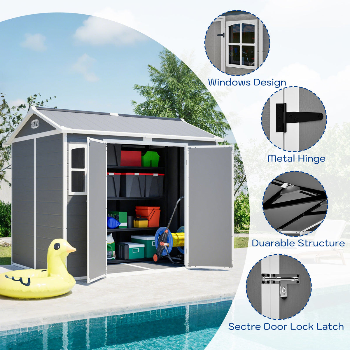 Plastic Utility Shed 8x6 ft with Floor – Lockable Storage Shed - Gray-White