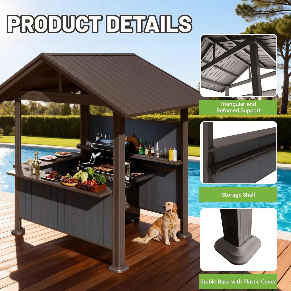 Hardtop Grill Gazebo with Storage Shelves & Resin Shade System - Brown