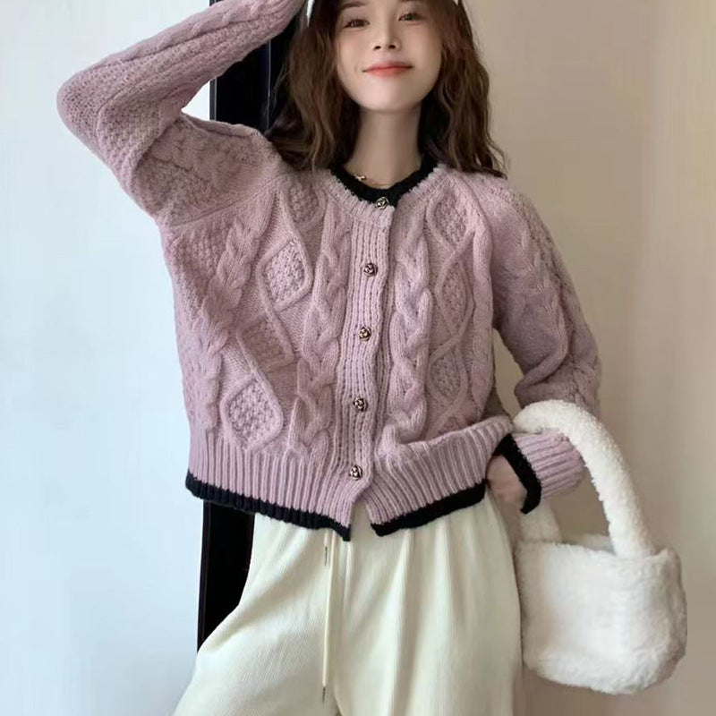 Color-block Button-up Cardigan Sweet-style Outerwear, Knit Sweater
