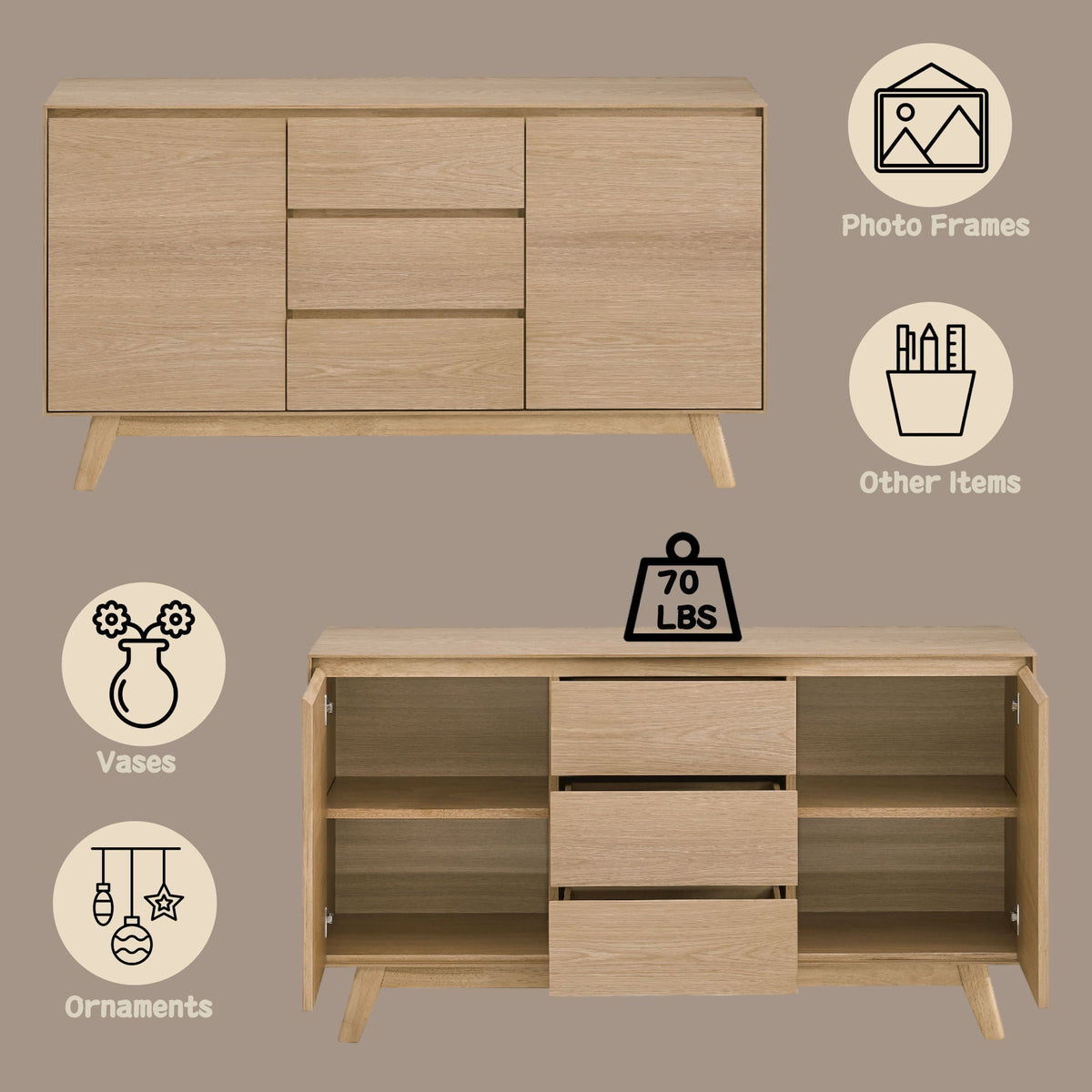 Kasem Oak Server with Storage - Light Brown