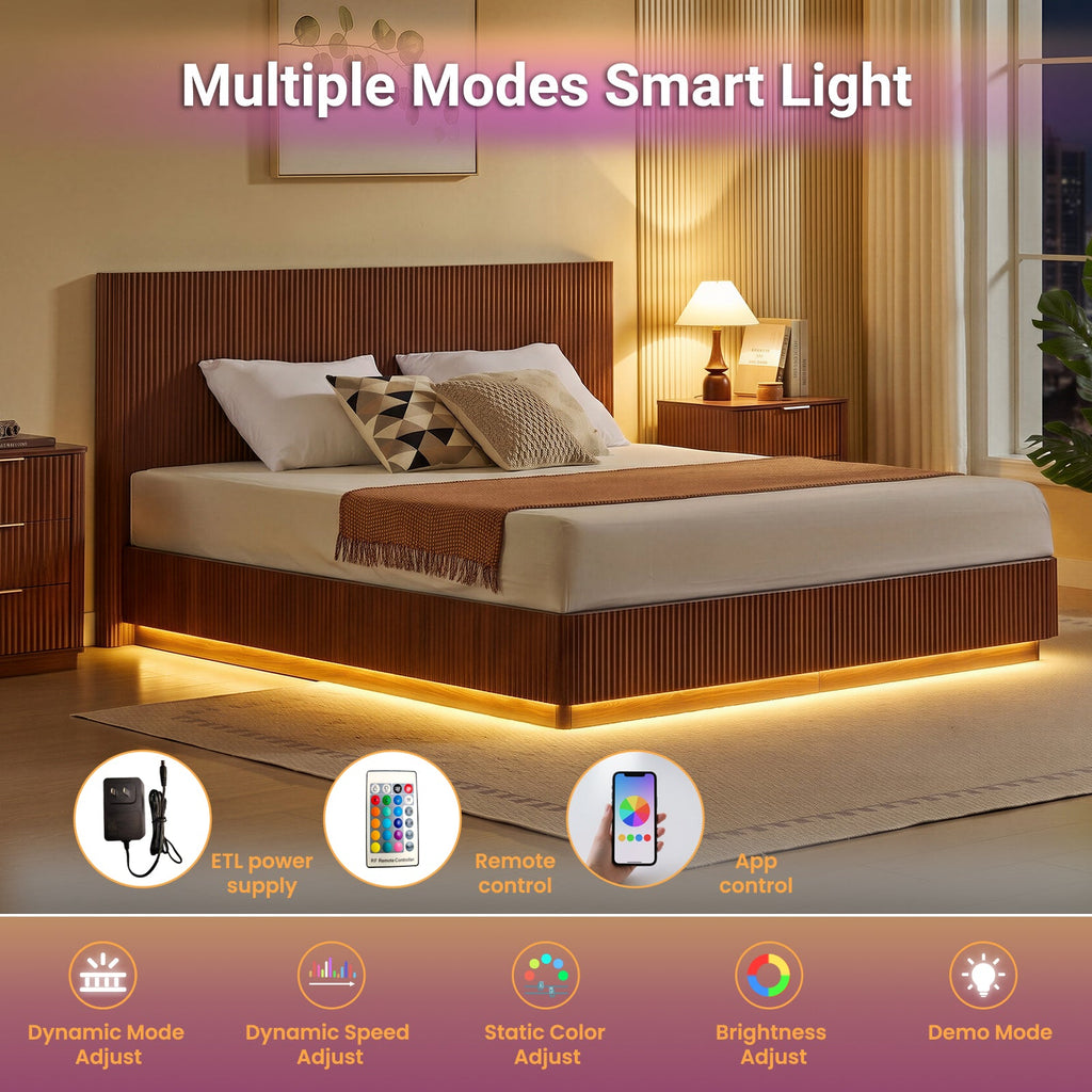 King Size Bed Frame with LED Lights - Walnut