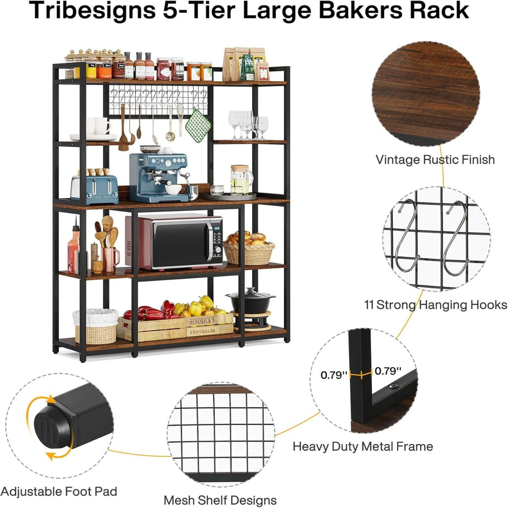 Black Baker's Rack with 5-Tier Storage and Hooks - Freestanding Kitchen Organizer