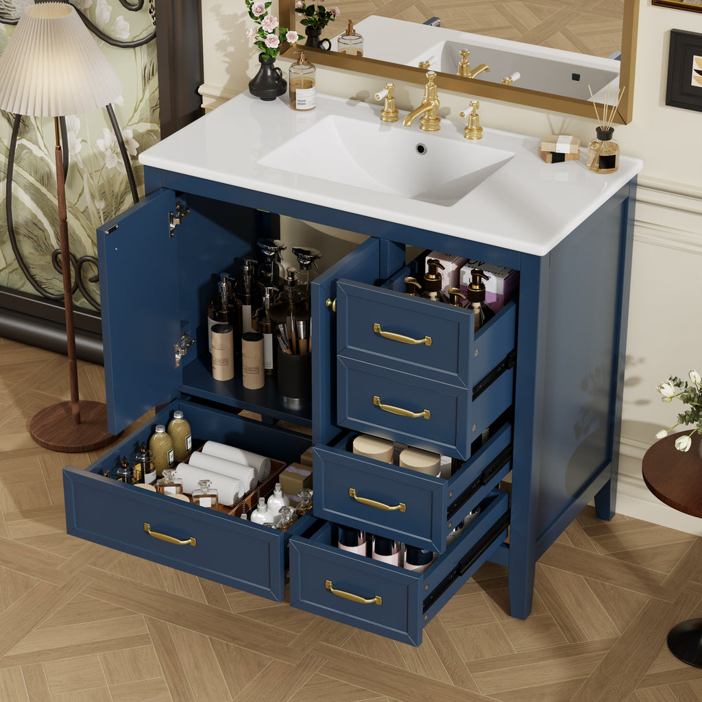 36" Bathroom Vanity with Ceramic Sink and Multi-Tier Storage - Blue, Black, or Grey