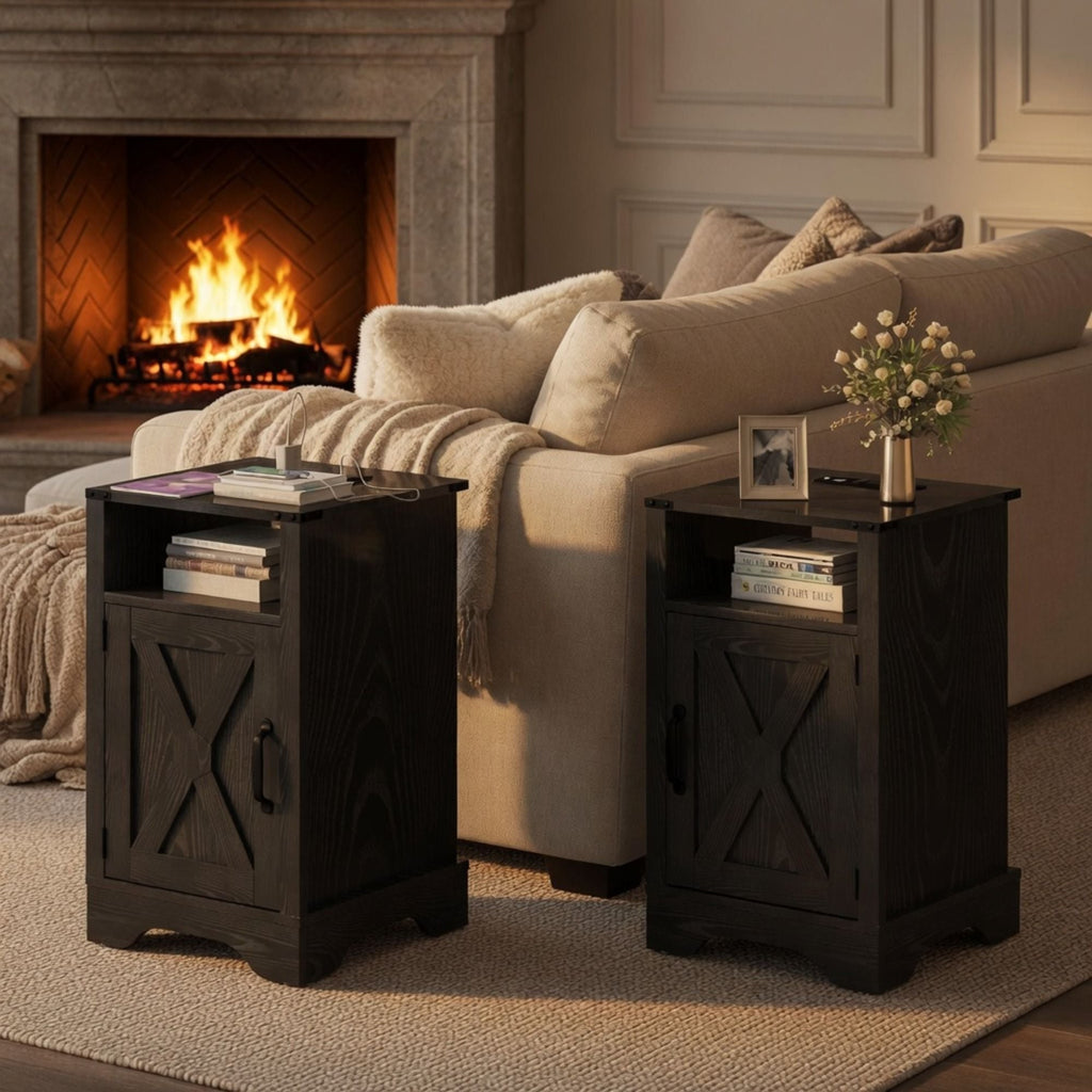 Farmhouse Nightstand with Charging Station & Storage - Multiple Colors