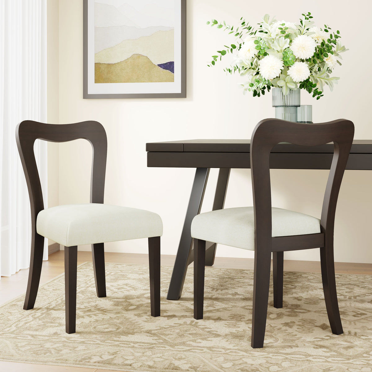 Dining Chair Without Arm Set of 2 with Rubberwood Frame - Dark Brown + Beige