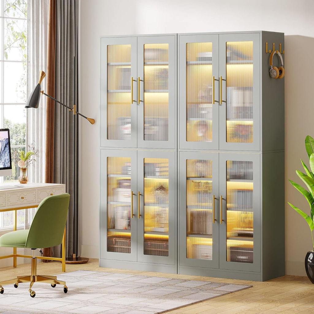 Bookcase With Doors and LED Lighting with Adjustable Shelves - Black, Gray, White