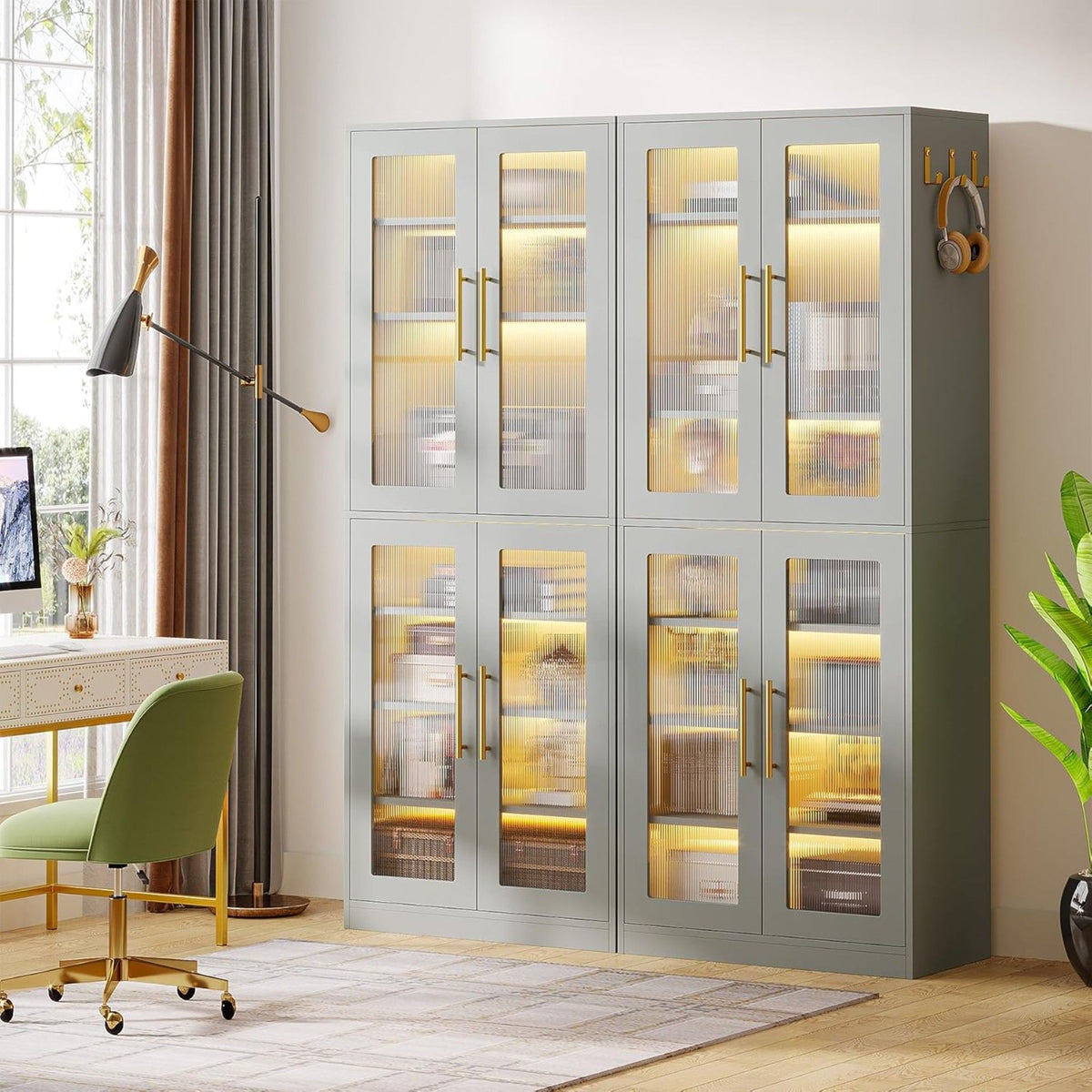 Bookcase With Doors and LED Lighting with Adjustable Shelves - Black, Gray, White