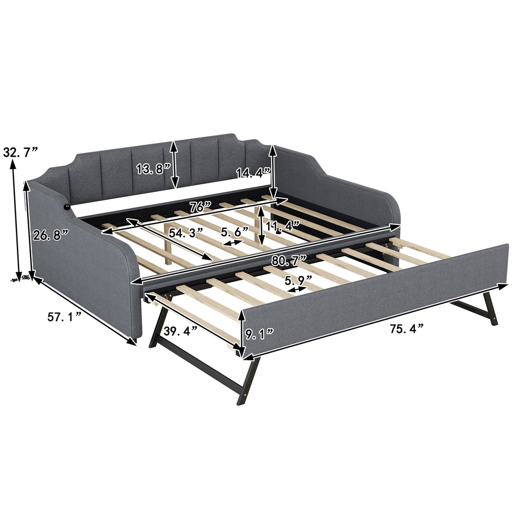 Full Size Upholstered Daybed With Trundle And USB Charging - Gray