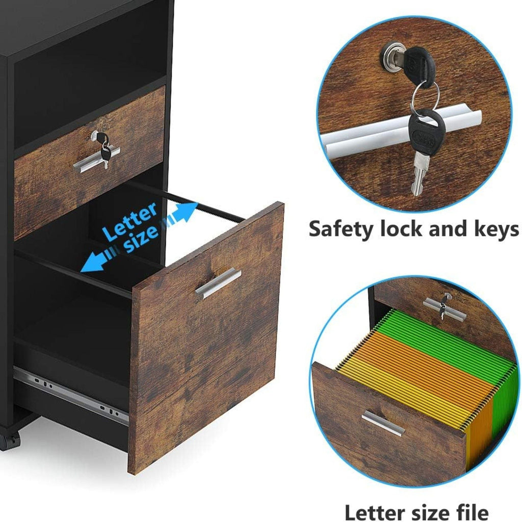 2 Drawer Mobile File Cabinet with Lock - Black/Brown