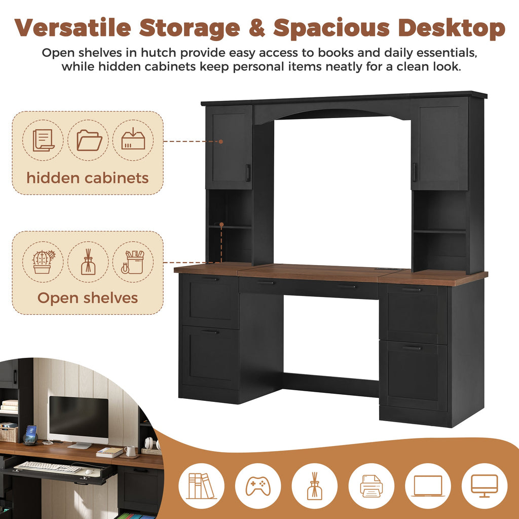 Farmhouse Arched Computer Desk with Hutch - MDF, Walnut & Black