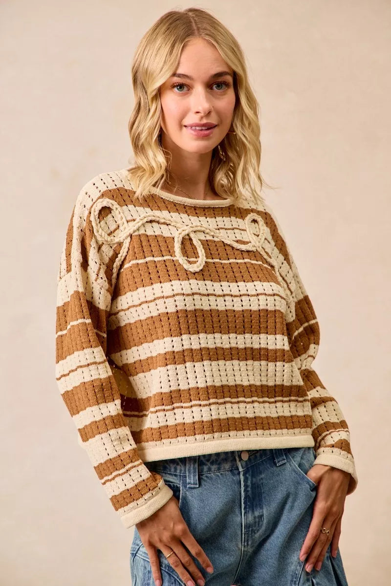 BiBi Striped Open Knit Sweater Top with Front Braided Detail