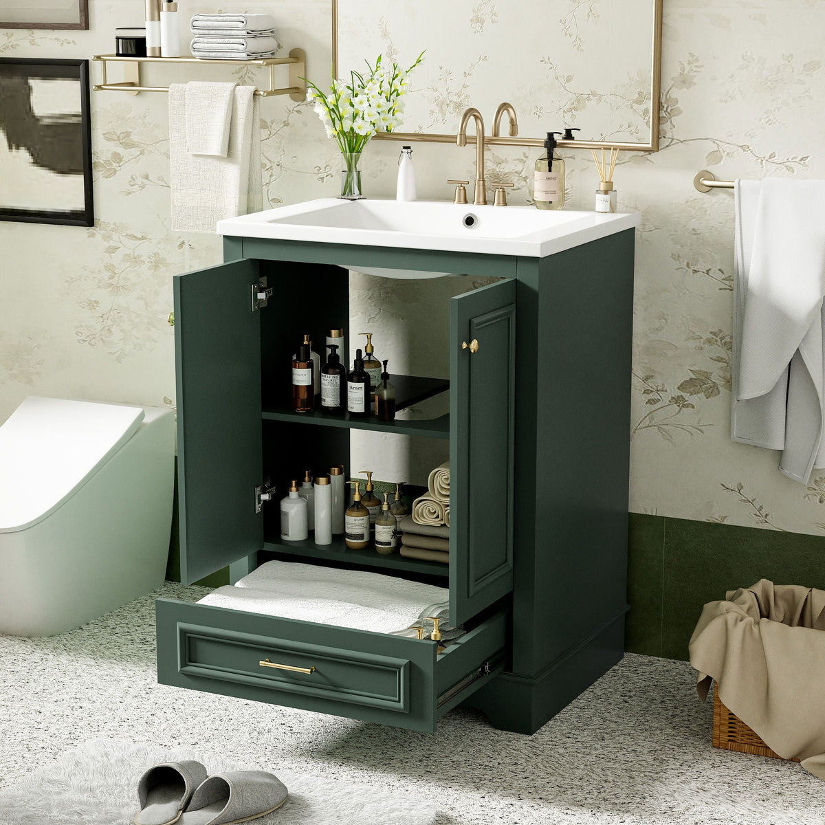 Modern Bathroom Vanity with Ceramic Sink Combo and Storage Cabinet - Multiple Colors