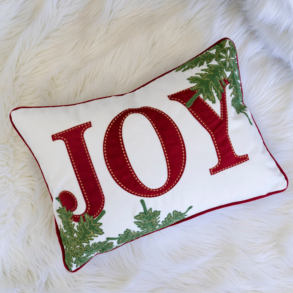Joy Embroidered Christmas Throw Pillow with Velvet Finish - White and Red