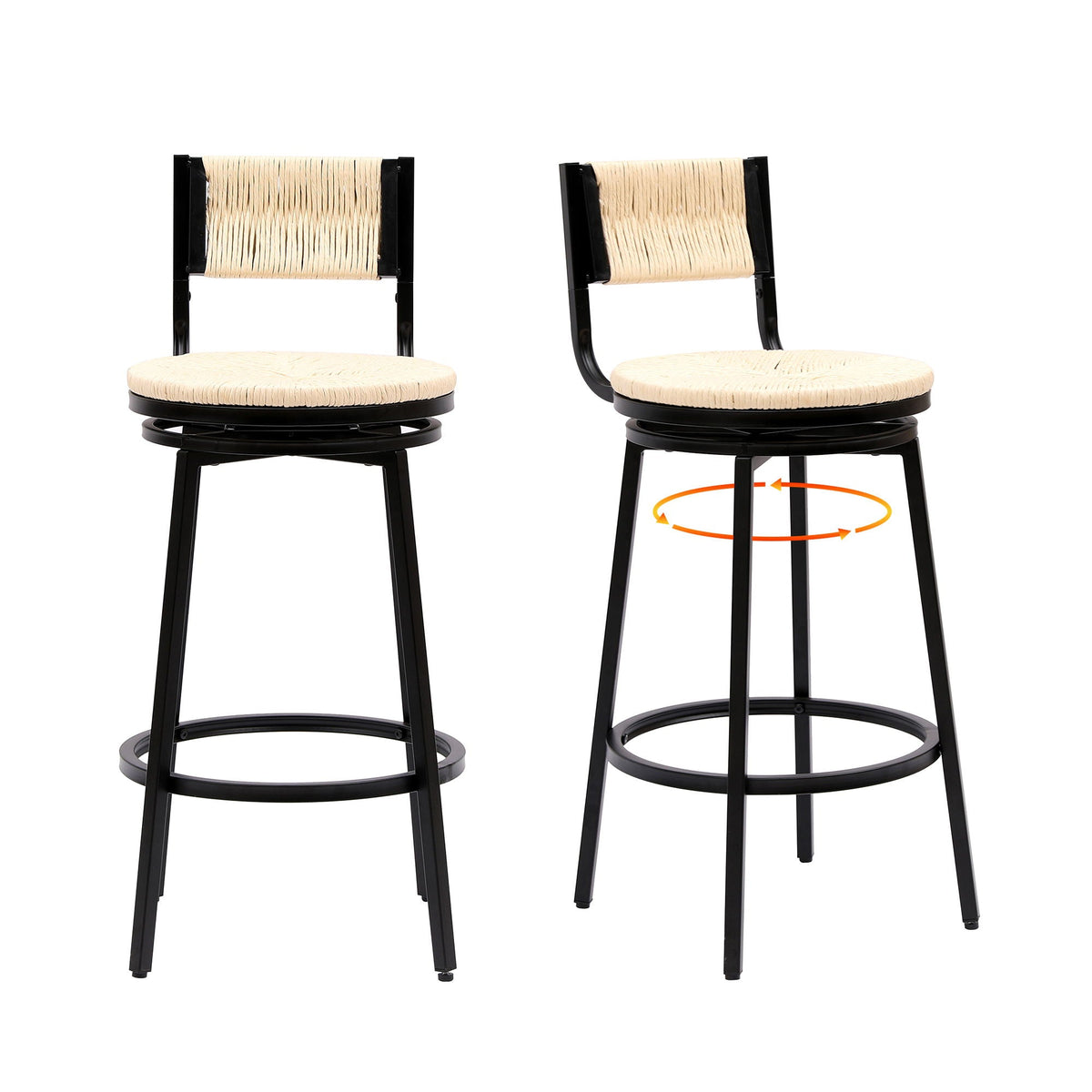Swivel Counter Bar Stools with Full Back - Hand Woven Paper Rope, Set of 2
