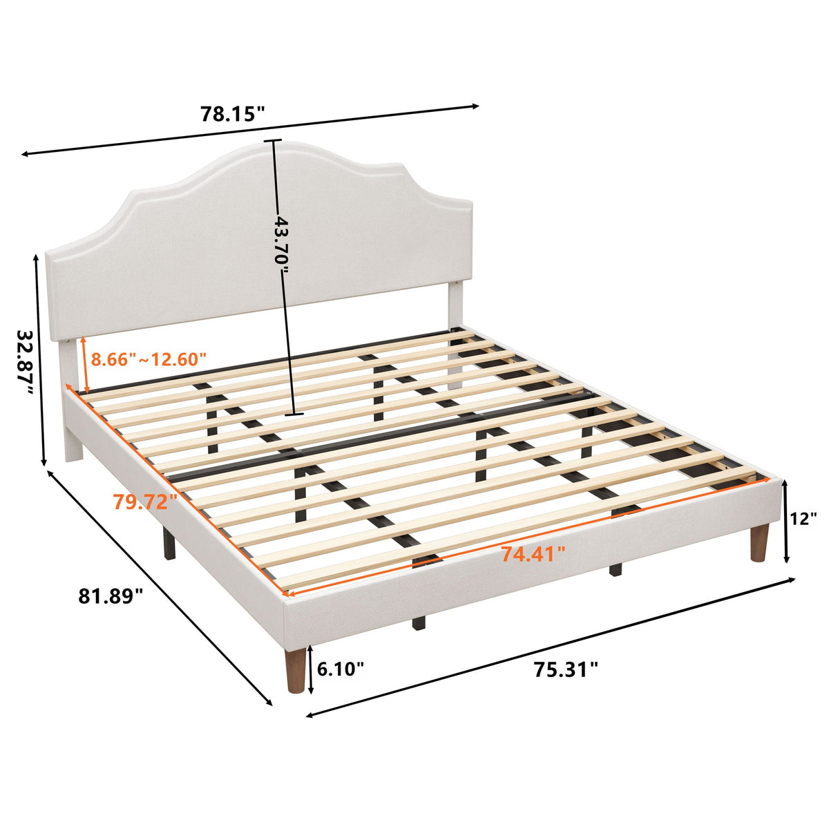 King Upholstered Platform Bed Frame with Adjustable Headboard - White
