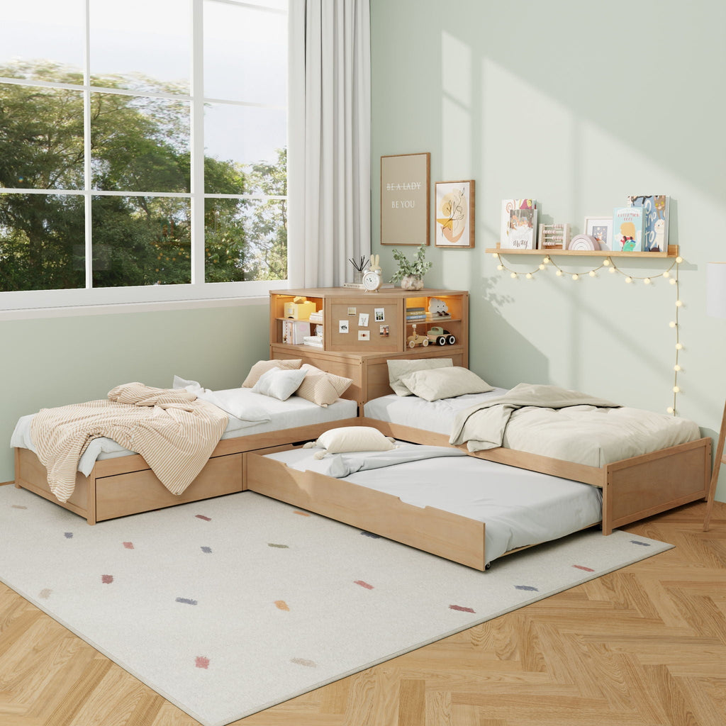 L-Shaped Bed Frame with Trundle, Desk & LED Lighting - Twin