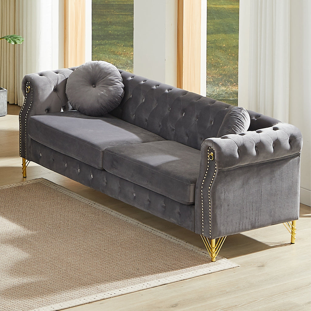82-Inch Velvet Chesterfield Sofa with Gold Accents - Velvet