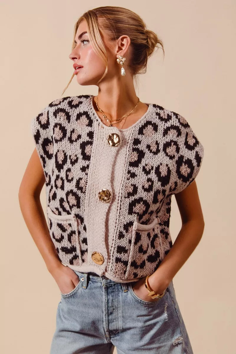 SO ME Big Metal Button Front Leopard Sweater Vest Top