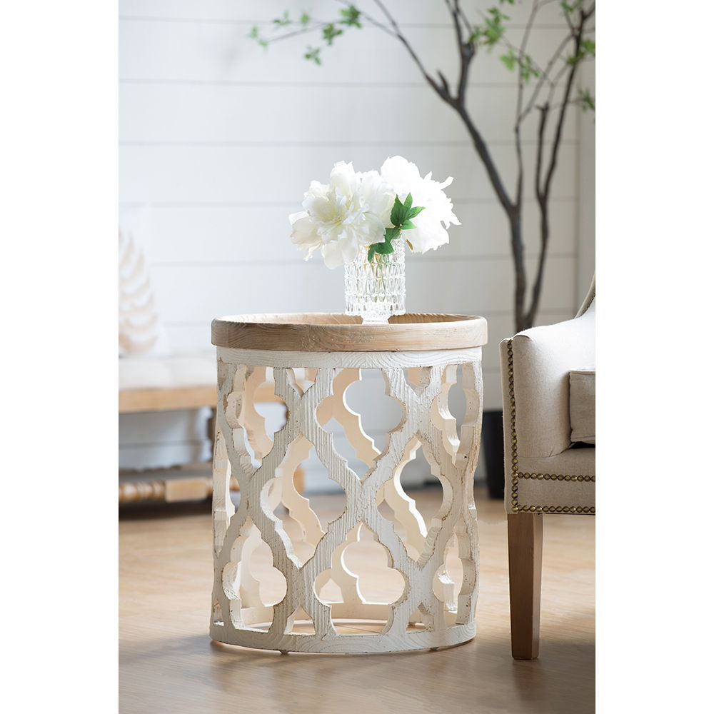 Rustic Round Wooden Side Table with Lattice Detail - Light Brown
