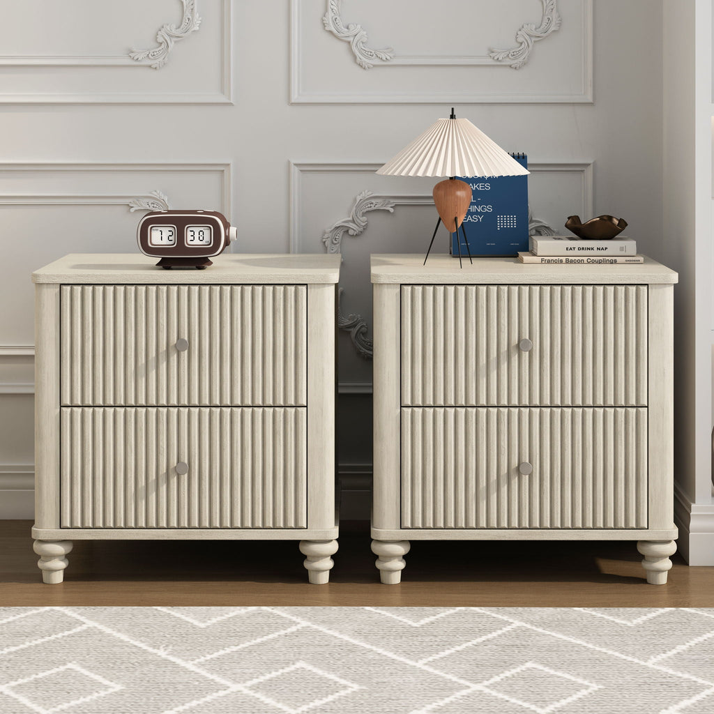 Fluted Nightstand with 3 Drawers - Set of 2 - Dark Brown or Beige