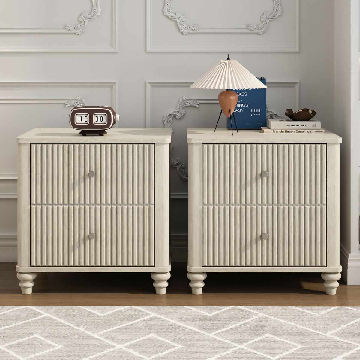 Fluted Nightstand with 3 Drawers - Set of 2 - Dark Brown or Beige