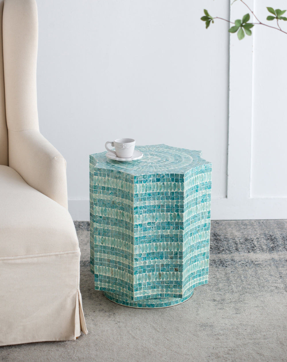 Capiz Design Pedestal Stool with Starburst Capiz Inlay - 17x17x20 Inches
