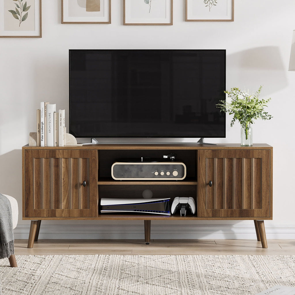 55" TV Cabinet with Vertical Groove Doors & Adjustable Shelves - Walnut