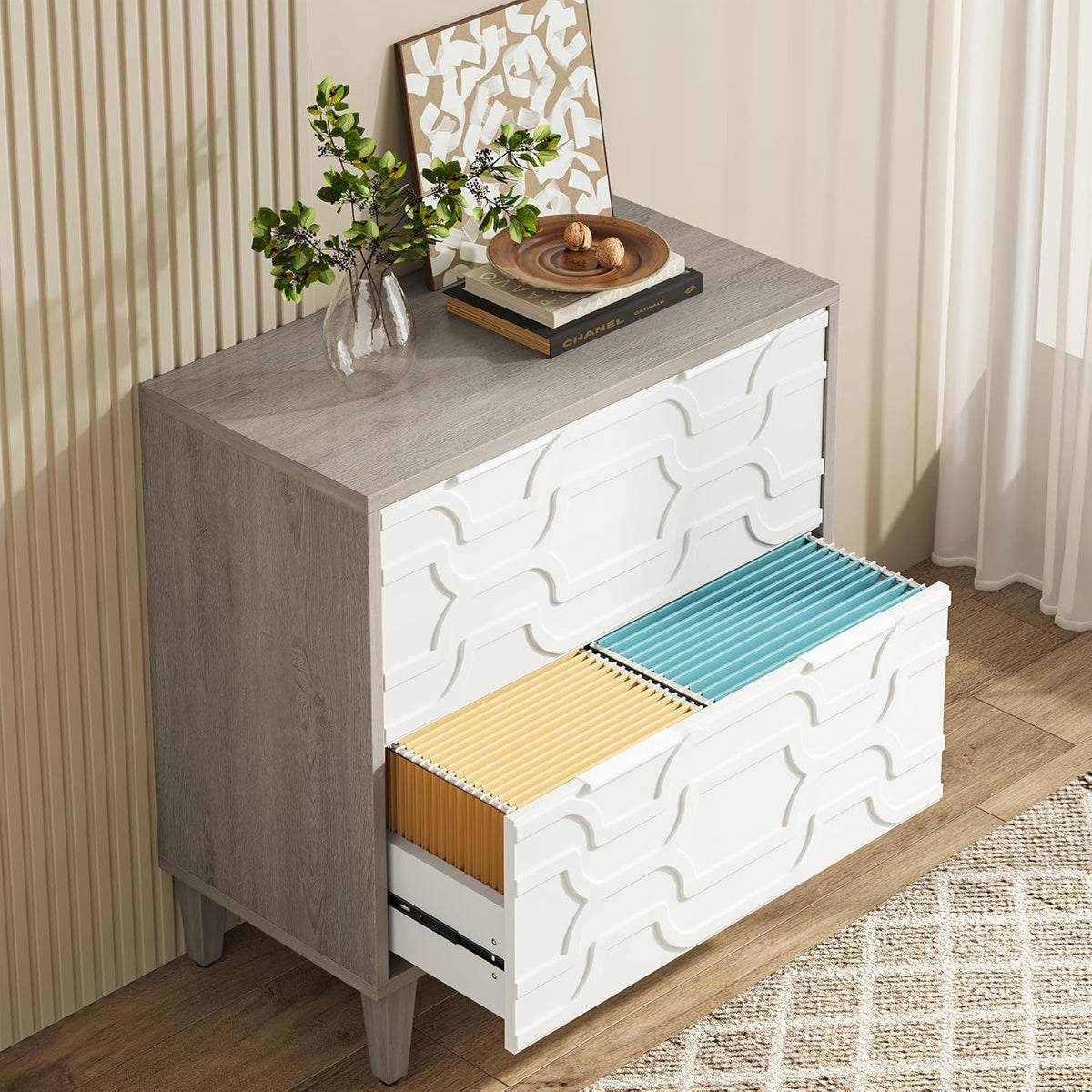 2 Drawer Lateral File Cabinet with Dual-Space Drawers - Gray / White