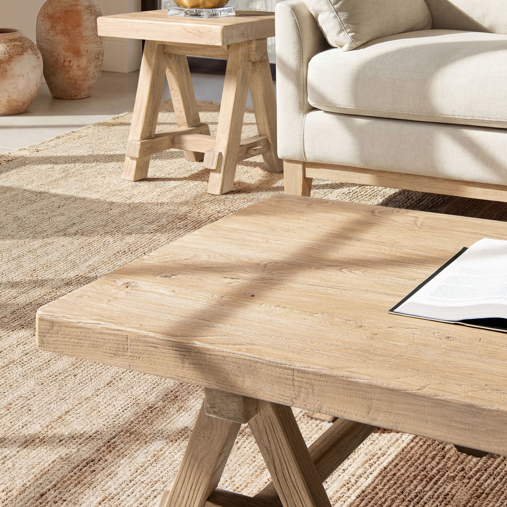 Trestle Coffee Table with Solid Reclaimed Elm Construction - Dark or Light Brown