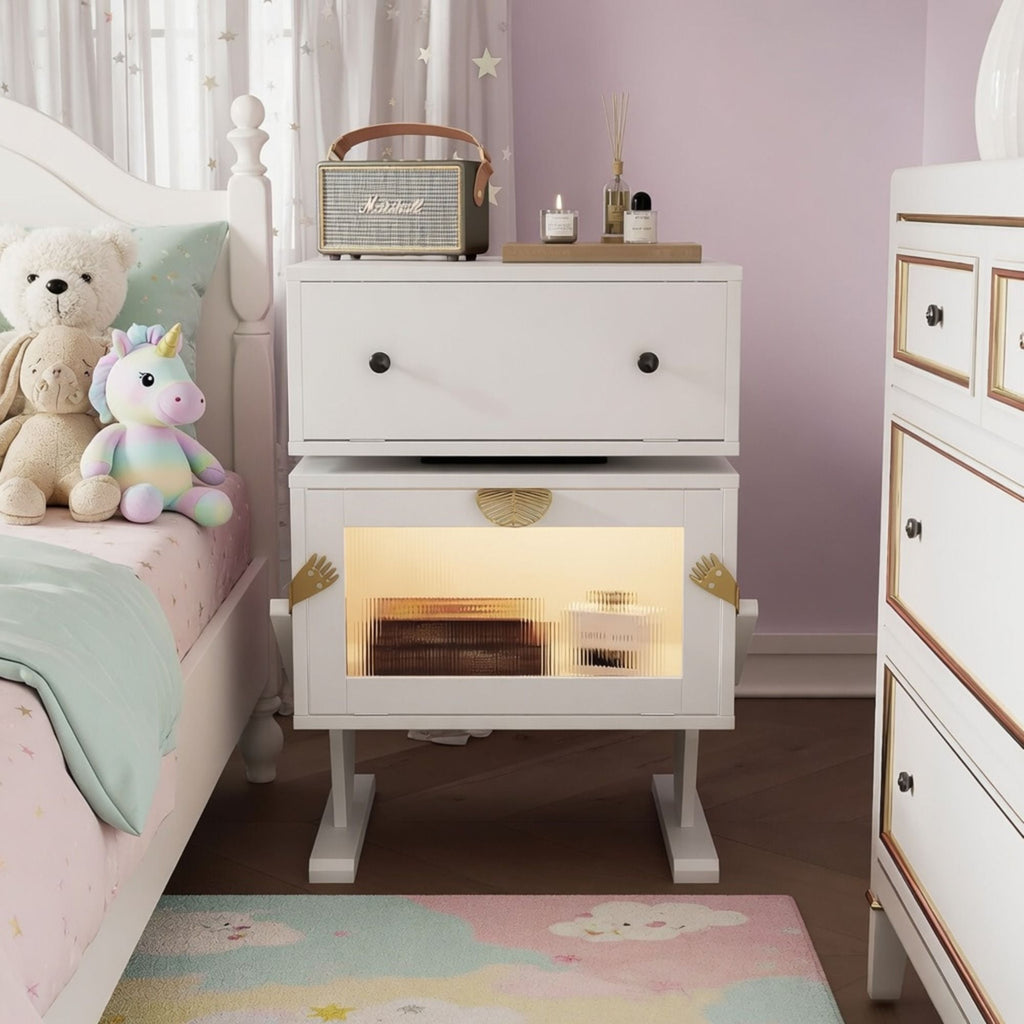 Robot LED Nightstand with 360° Rotating Drawer - White, Pink, or Green