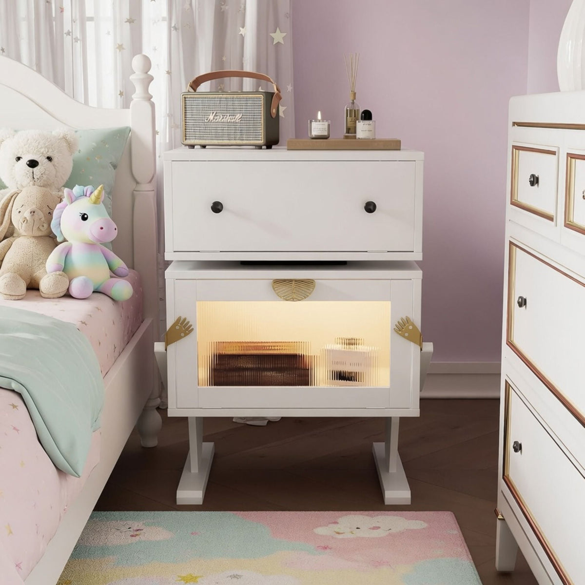 Robot LED Nightstand with 360° Rotating Drawer - White, Pink, or Green