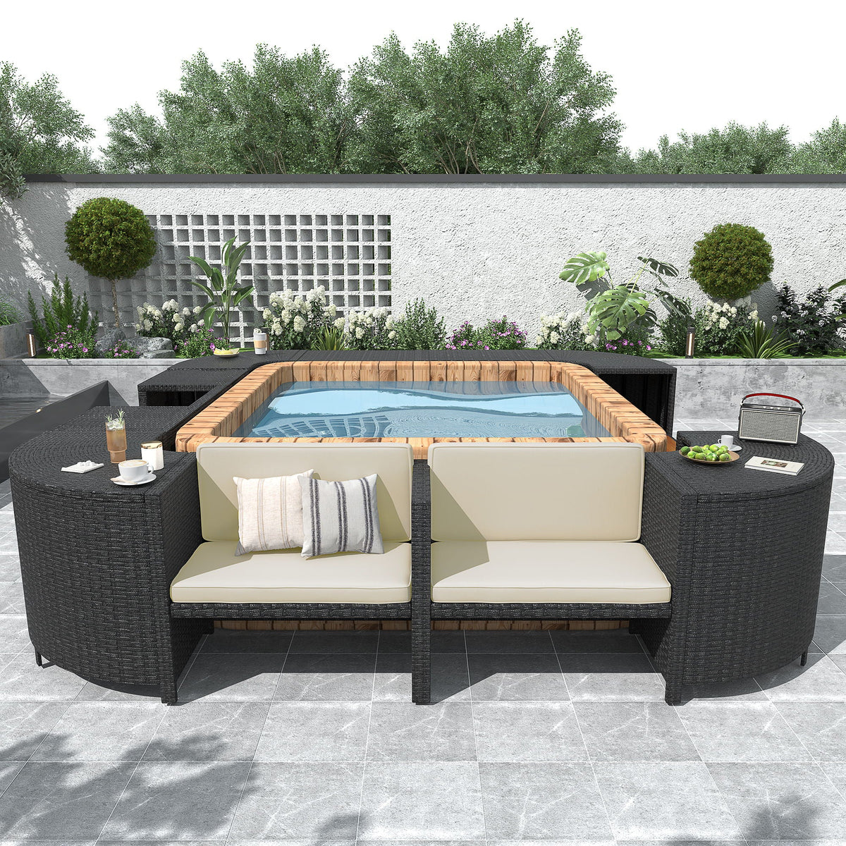 Spa Surround Outdoor Rattan Sectional Sofa Set with Storage - Dark Gray or Beige