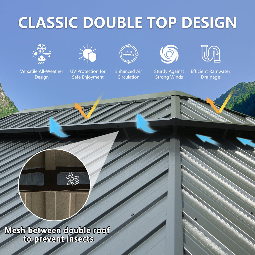 12' x 20' Hardtop Gazebo with Galvanized Steel Double Roof Canopy - Grey
