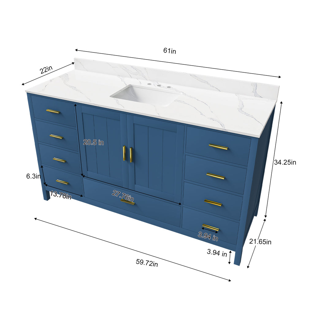 60" Solid Wood Bathroom Vanity with Carrara Sink - Blue or White