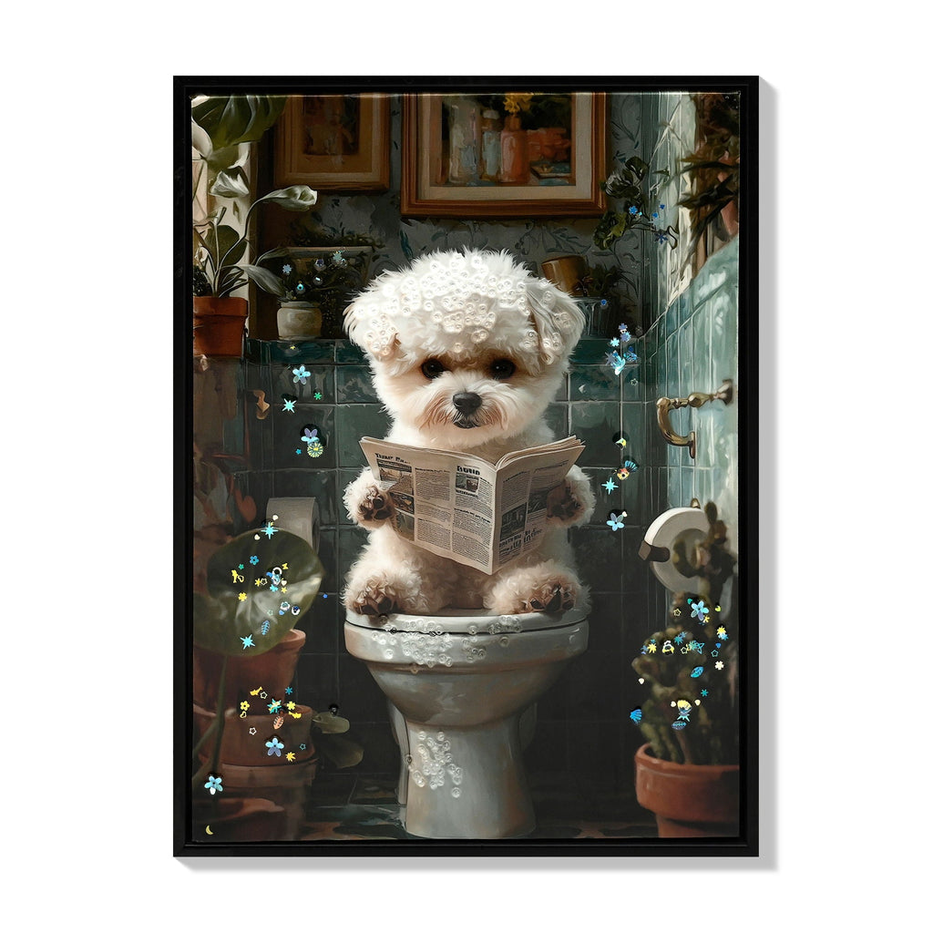 Framed Bathroom Decor, Cute Puppy Wall Art in Picture Frame, 3D Canvas Print - Indigo / White
