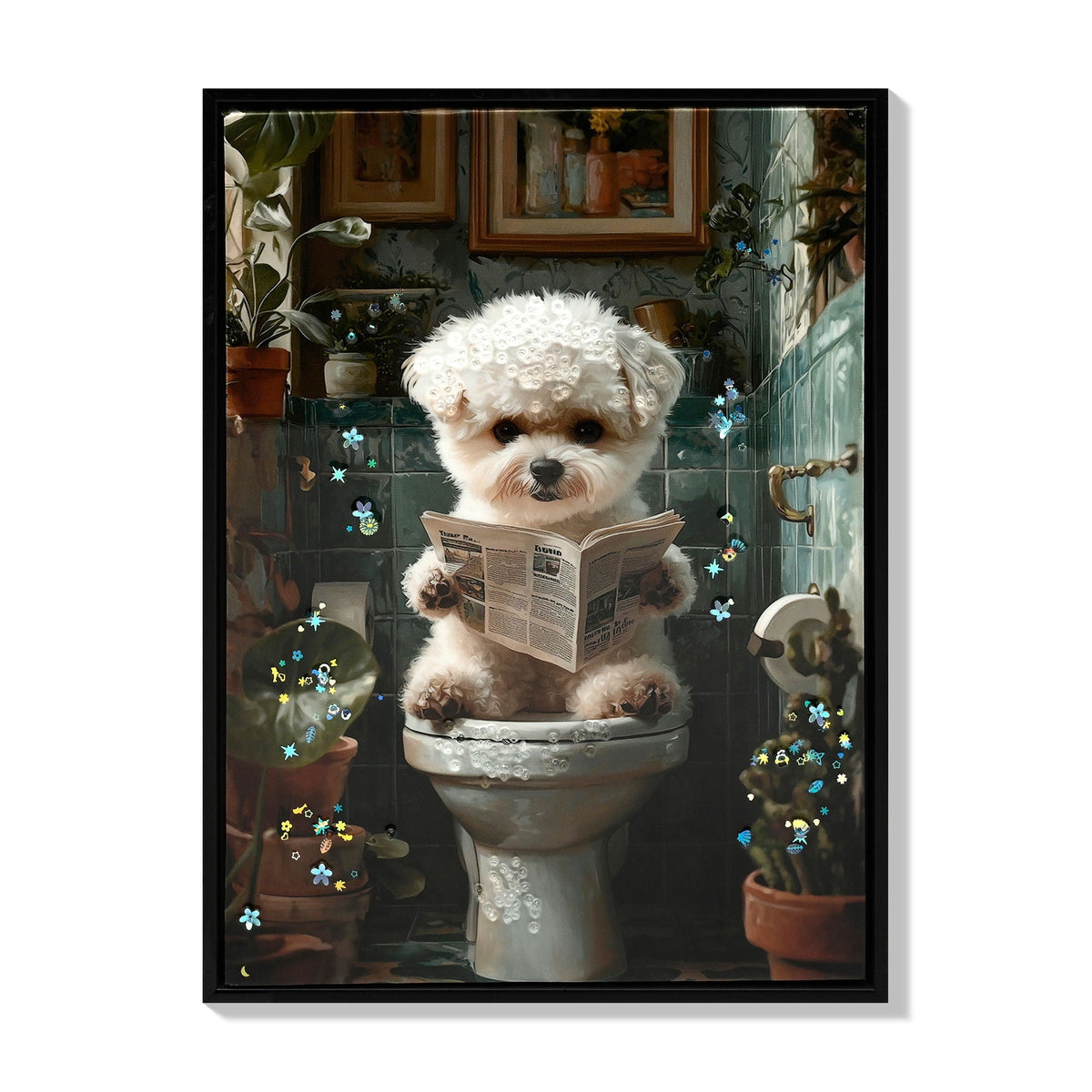 Framed Bathroom Decor, Cute Puppy Wall Art in Picture Frame, 3D Canvas Print - Indigo / White