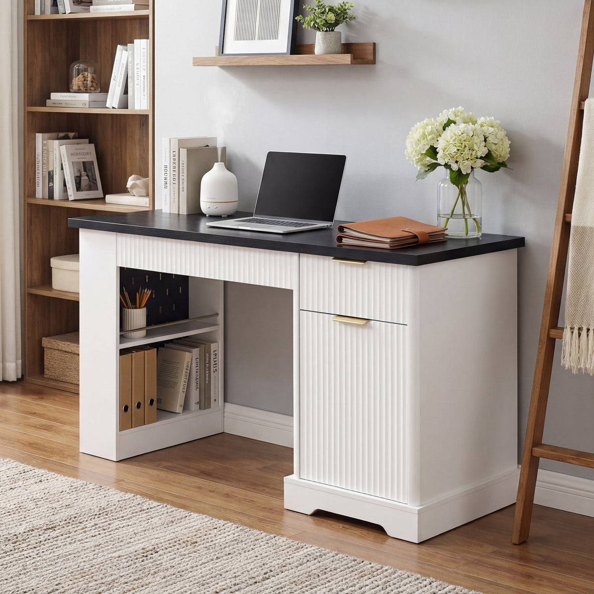 55" Modern Fluted Office Desk with Storage Cabinet & Drawers - MDF