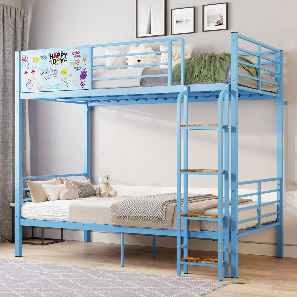 Blue Convertible Twin Bunk Bed with Guardrail and Ladder