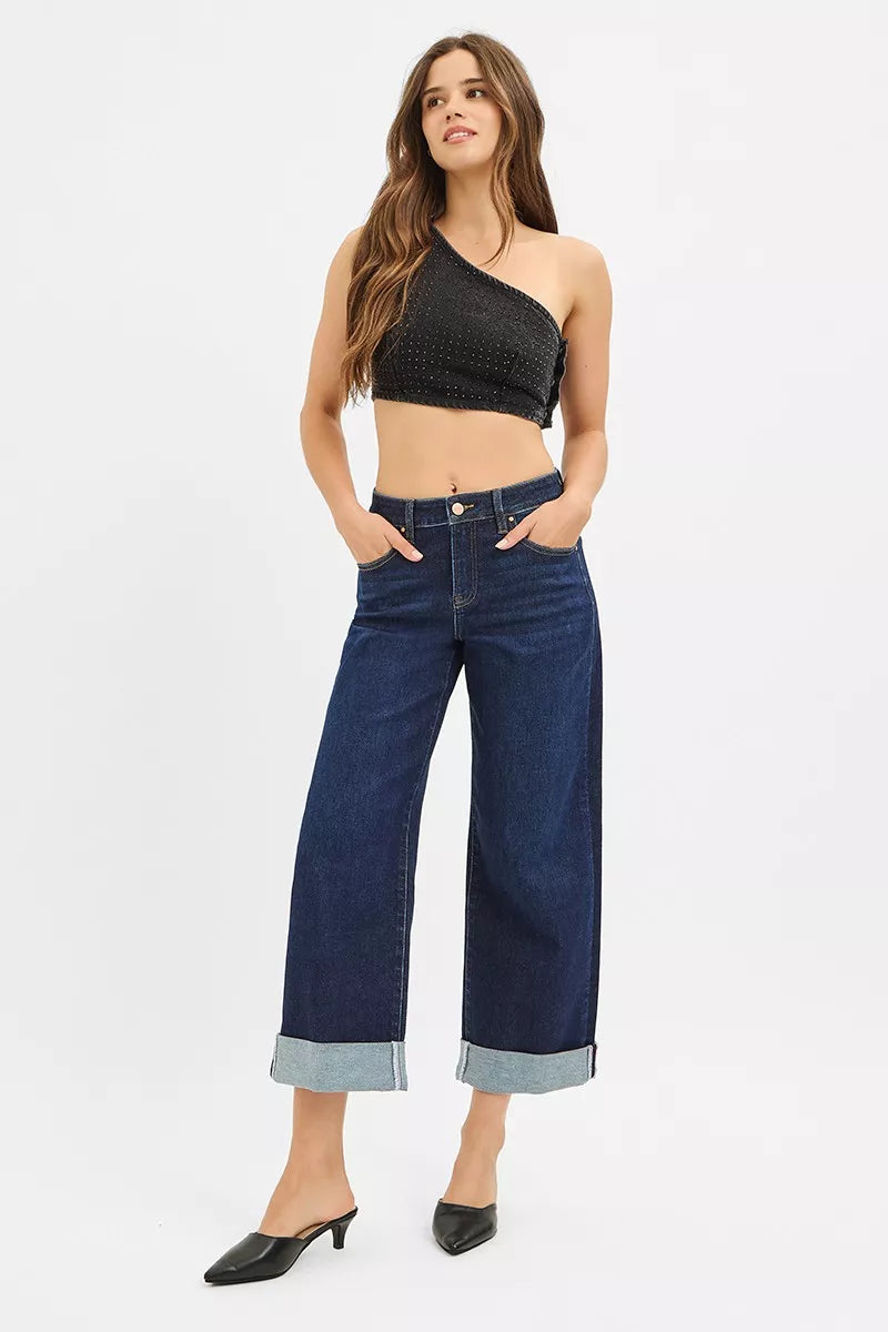 RISEN Mid Rise Fit Ankle Wide Roll Up Jeans