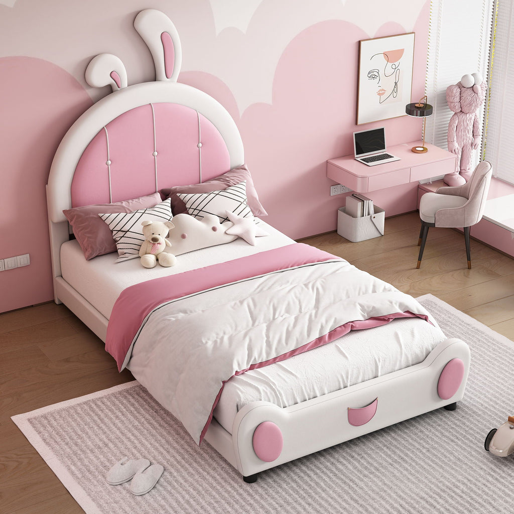 Upholstered Platform Bed With Rabbit Shaped Headboard