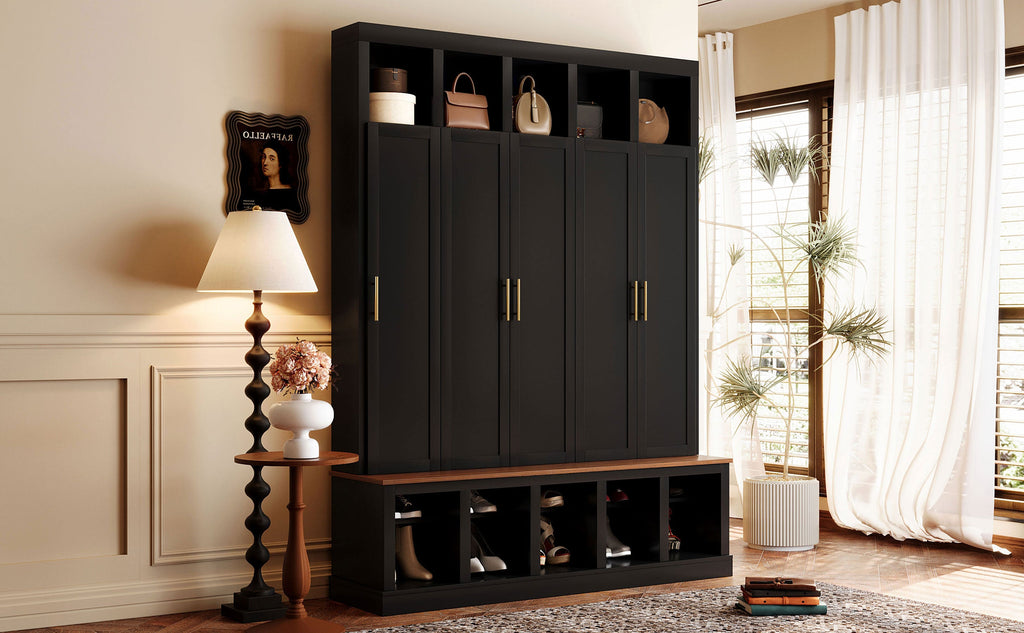 Farmhouse Entryway Storage Cabinet with Coat Closet - Black