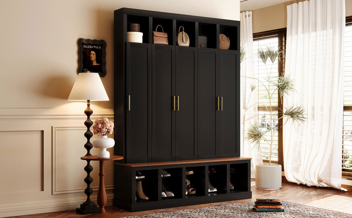 Farmhouse Entryway Storage Cabinet with Coat Closet - Black