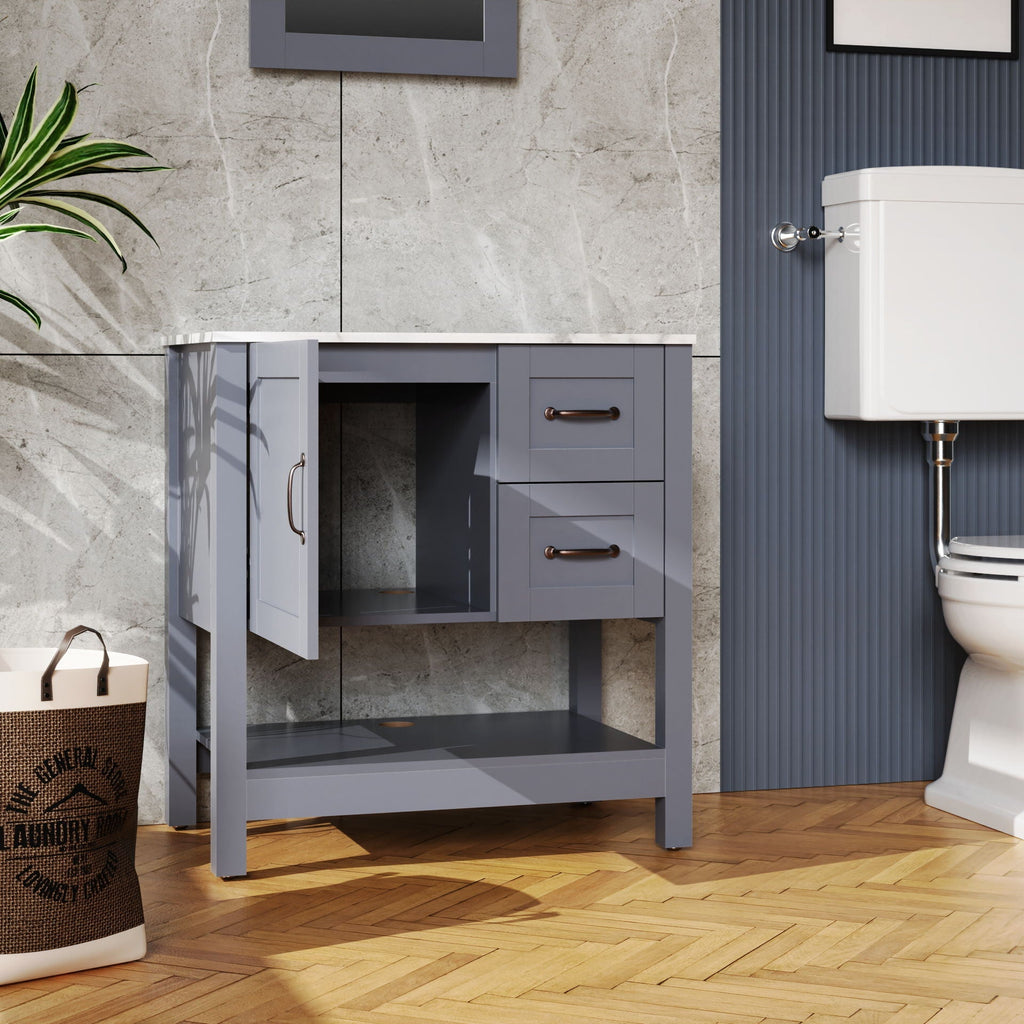 Gray Bathroom Vanity With Mirror and Marble-Pattern Top