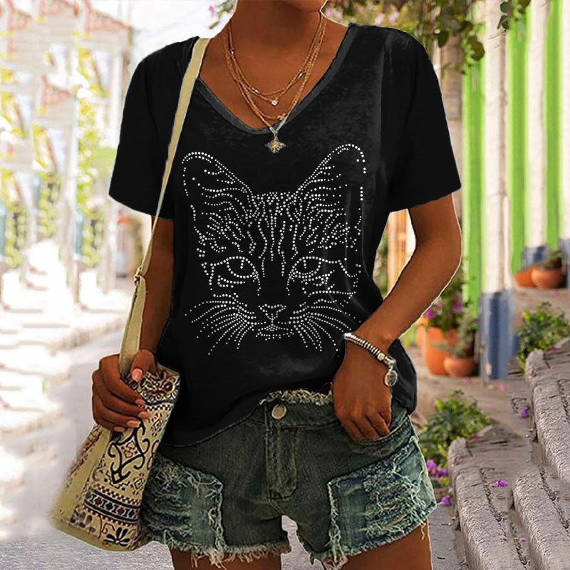 Cross-Border 3D Printed Loose V-Neck T-shirt for Women
