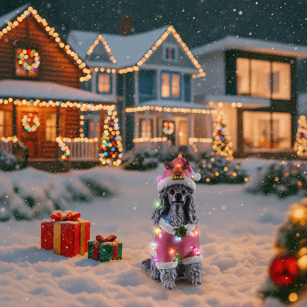 Christmas Poodle Statue with Festive Santa Outfit - Multicolor