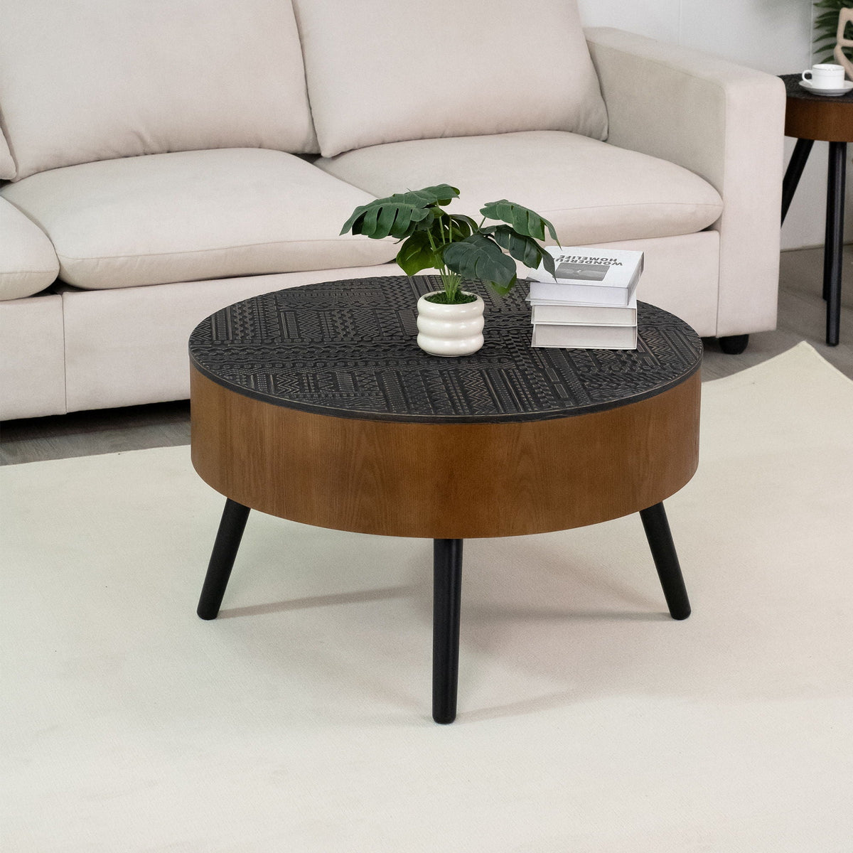 Round Coffee Table with Storage Function - Carved Wood Top - Dark Brown or Black