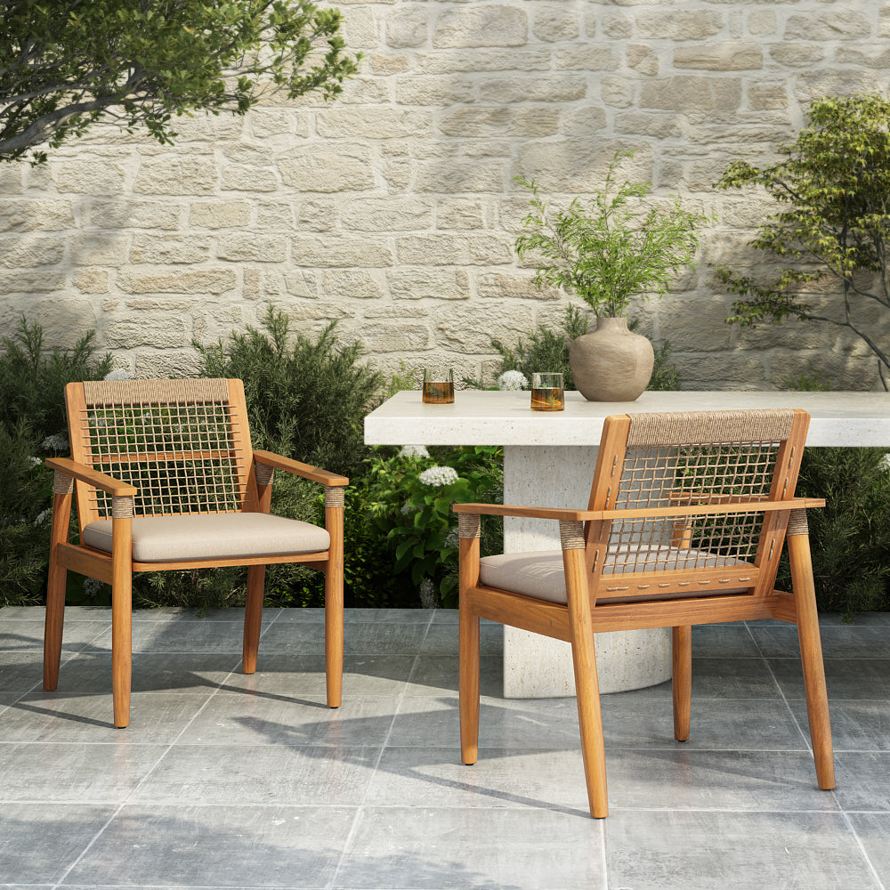 Acacia Wood Outdoor Dining Chairs with Rope Back - Set of 2