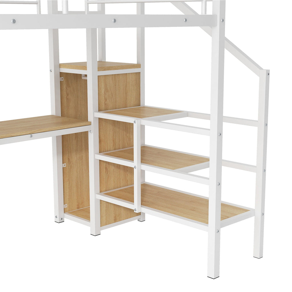 Full Size Loft Bed with Desk, Storage Staircase & Wardrobe - Black or White