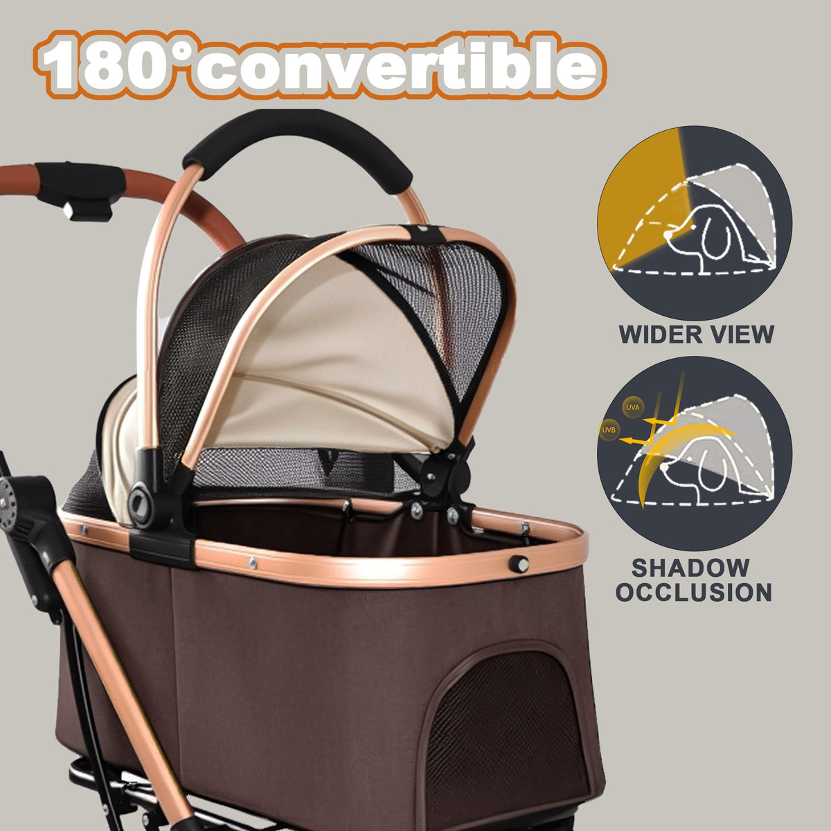 2-in-1 Foldable Pet Stroller with Sun Canopy - Khaki & Gold