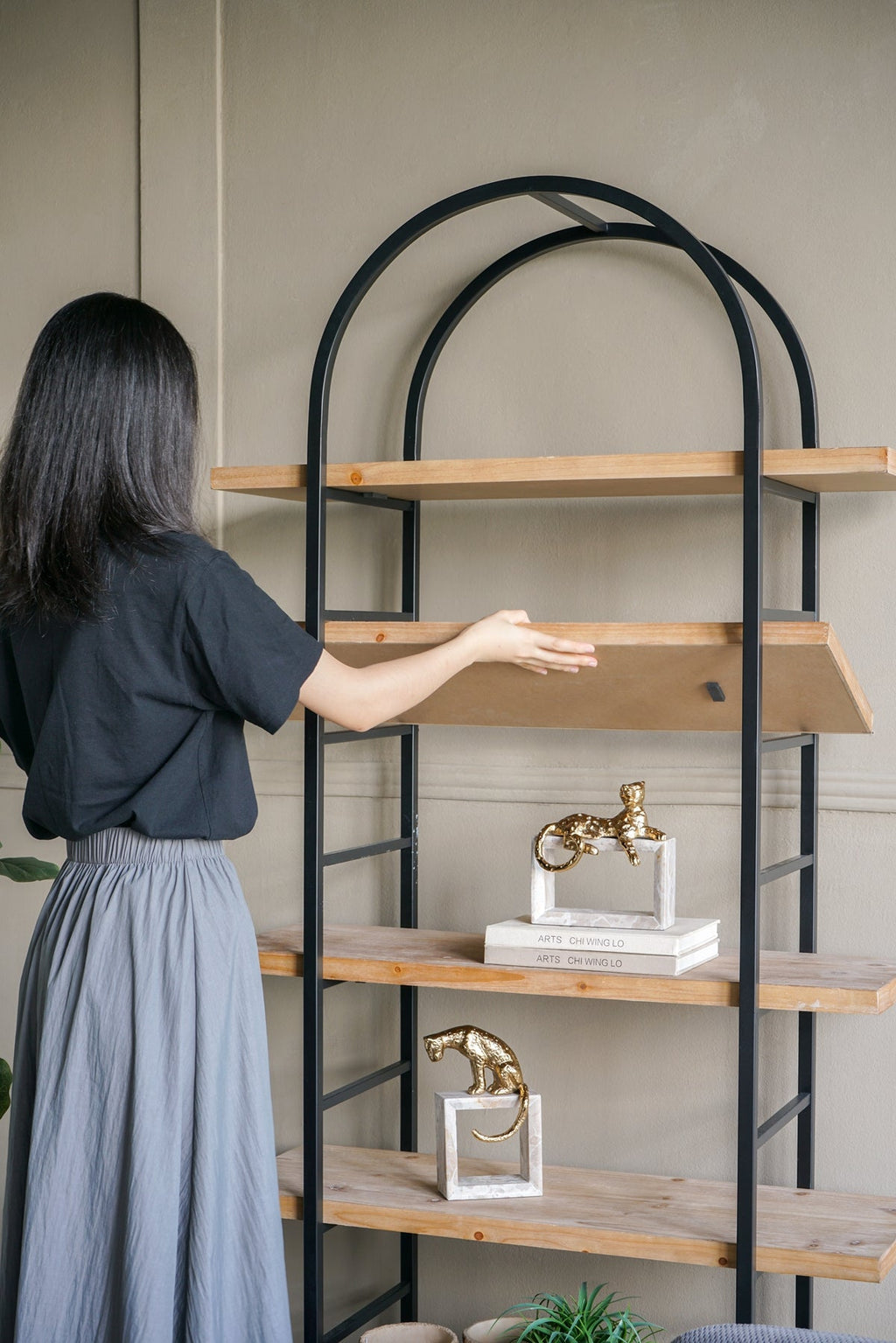 Tall Arched Wood and Iron Display Shelf with Striking Design